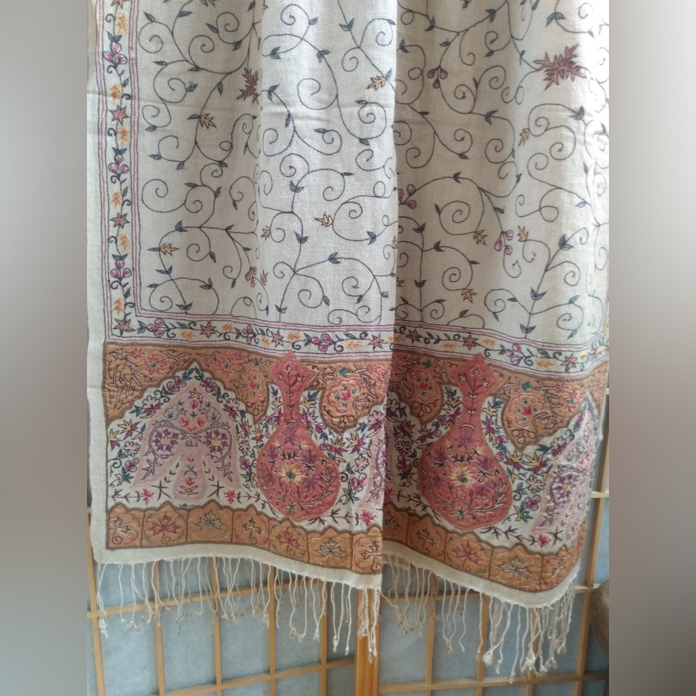 Large Embroidered Wool Fringe Rectangular Scarf S… - image 6